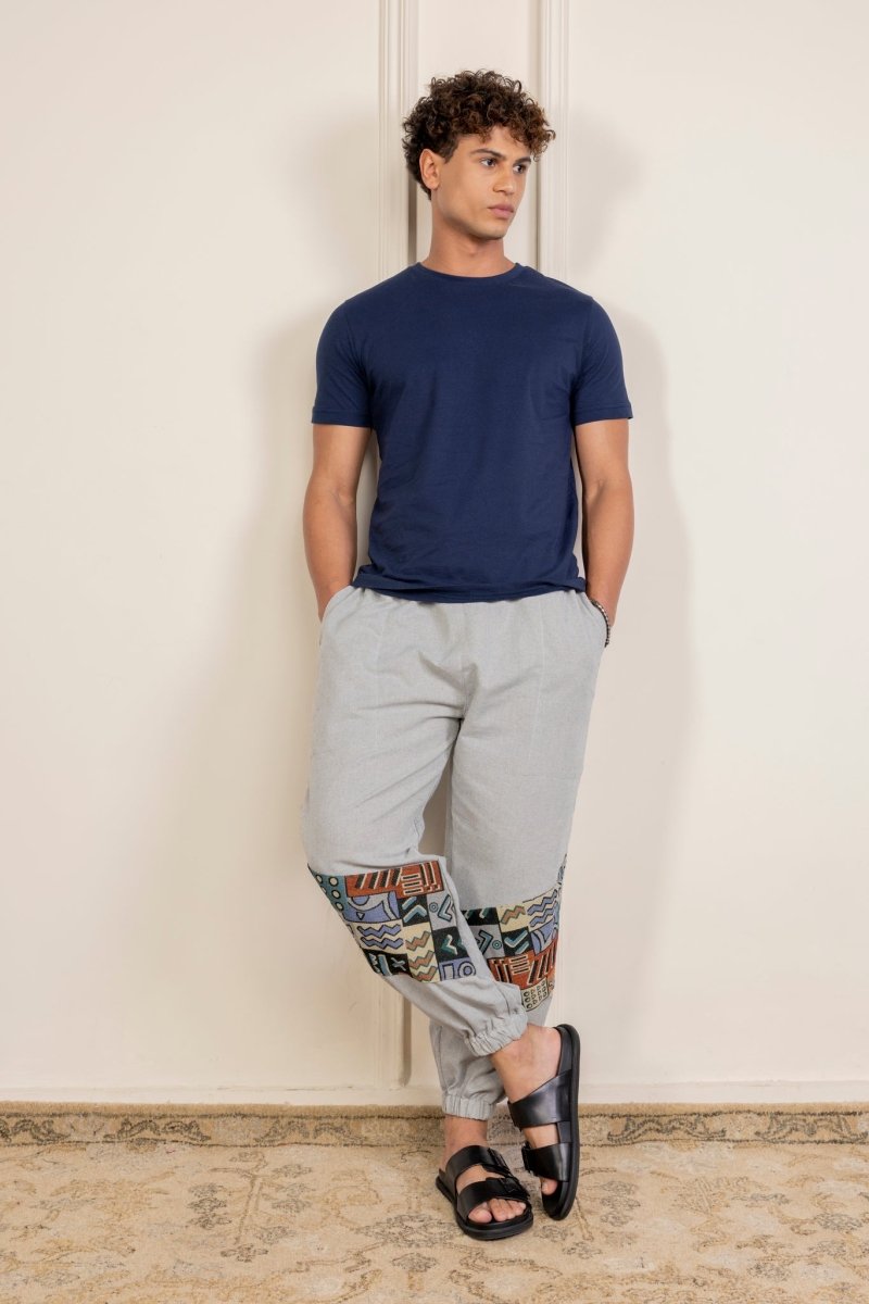 Men's Hopper Joggers | Melange Grey With Patterned Patchwork | Fits Waist Sizes 30 to 38 Inches | Verified Sustainable by Brown Living™