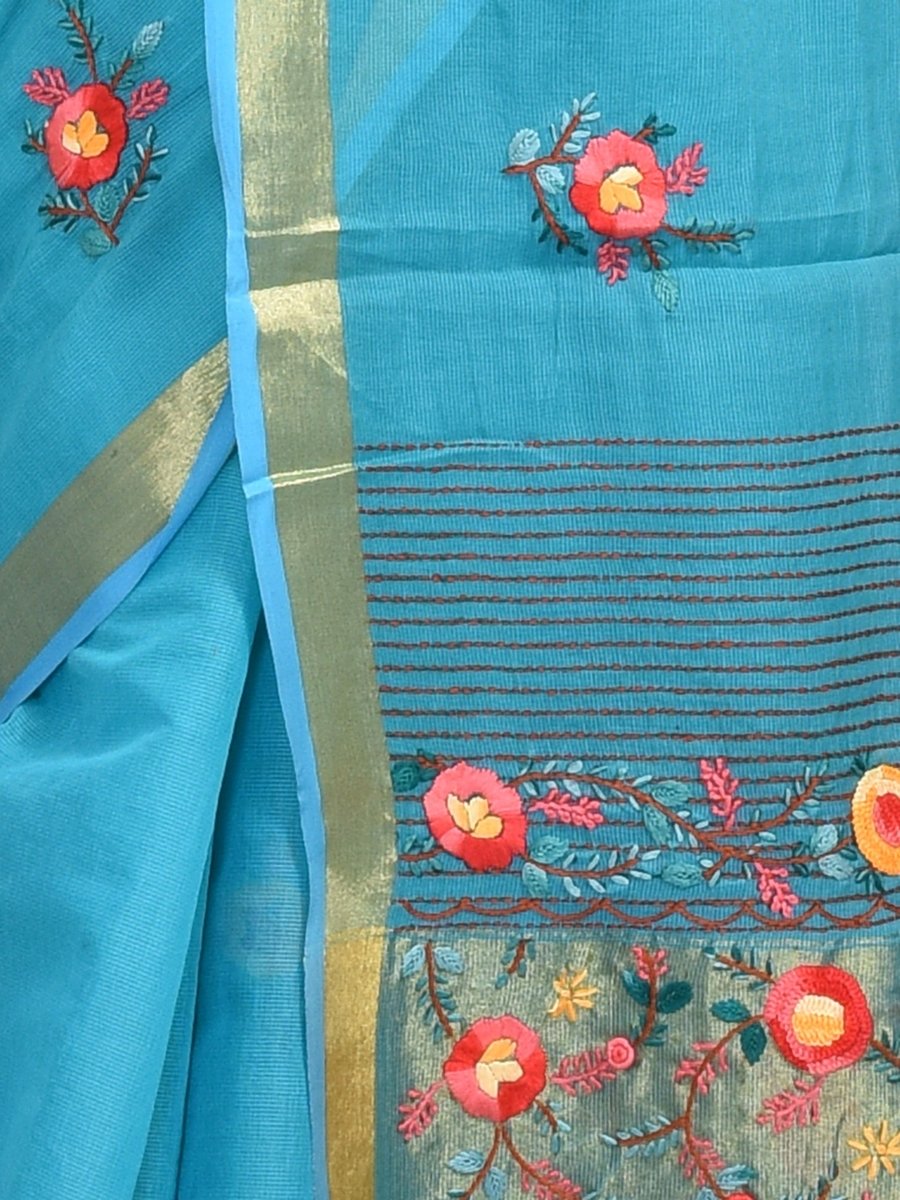 Mercerised Cotton Hand Embroidered Blue Saree | Verified Sustainable by Brown Living™