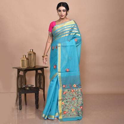 Mercerised Cotton Hand Embroidered Blue Saree – Womens Saree by Stotra available on Brown Living™. . SKU: STRCOTSARBLU07. Img 1.
