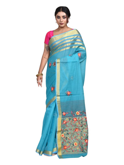 Mercerised Cotton Hand Embroidered Blue Saree | Verified Sustainable by Brown Living™