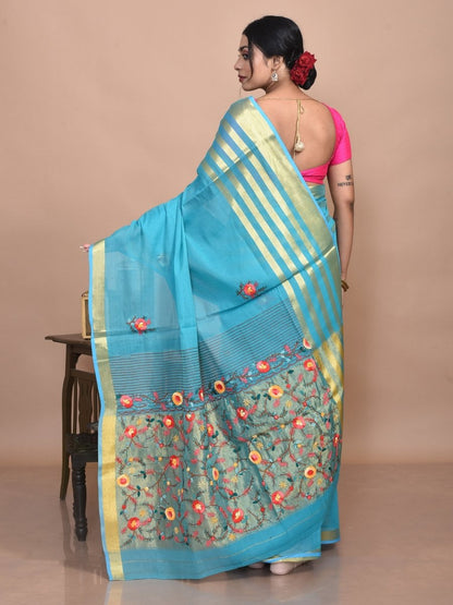 Mercerised Cotton Hand Embroidered Blue Saree | Verified Sustainable by Brown Living™