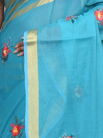 Mercerised Cotton Hand Embroidered Blue Saree | Verified Sustainable by Brown Living™