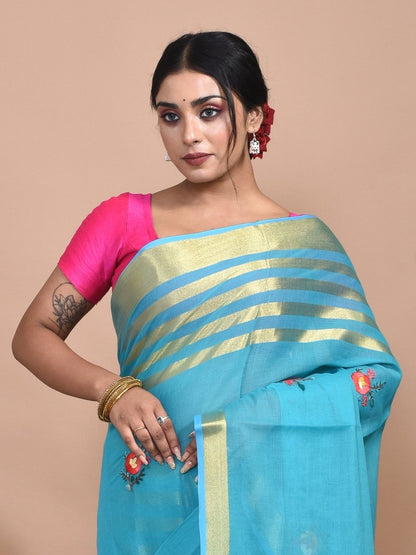 Mercerised Cotton Hand Embroidered Blue Saree | Verified Sustainable by Brown Living™