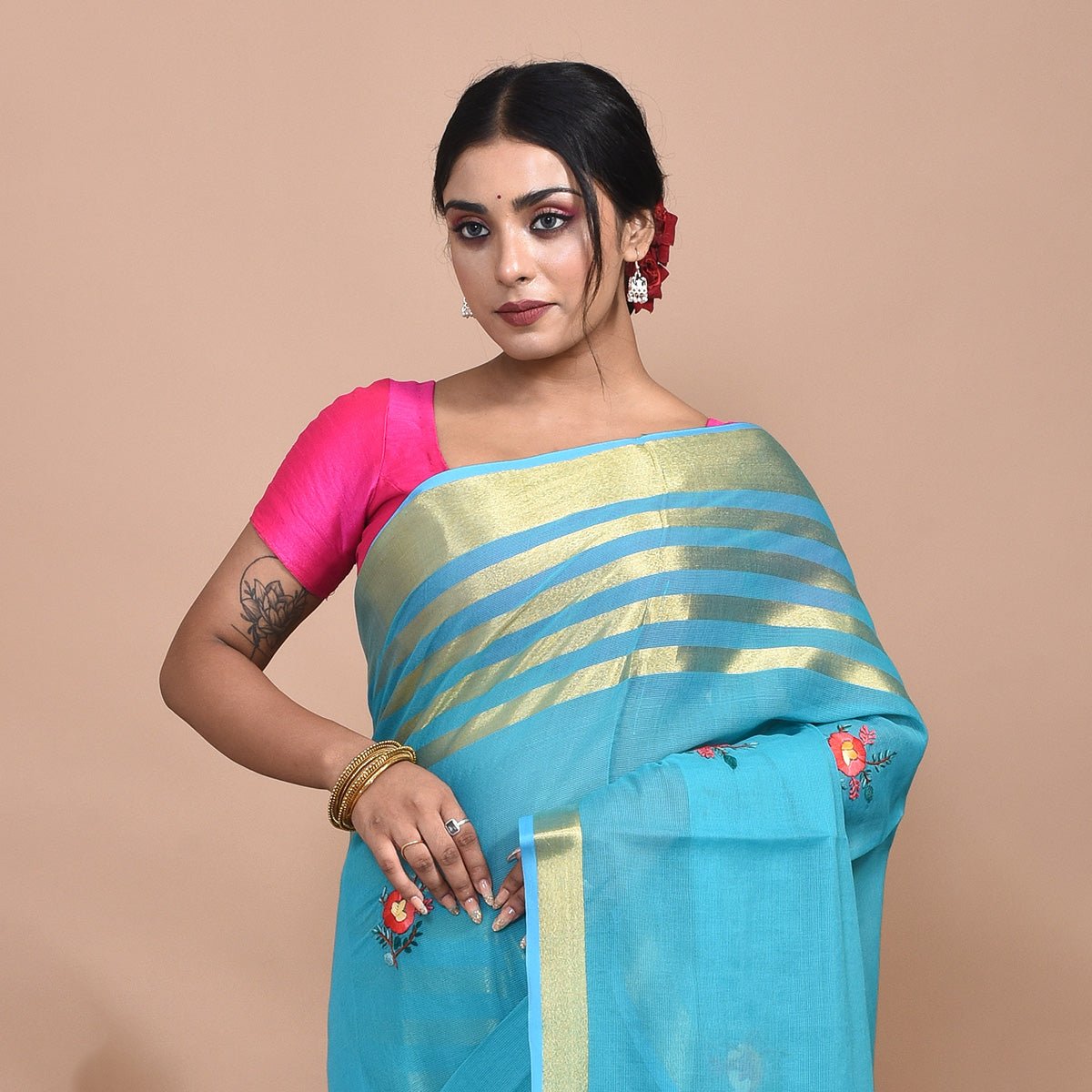 Mercerised Cotton Hand Embroidered Blue Saree – Womens Saree by Stotra available on Brown Living™. . SKU: STRCOTSARBLU07. Img 7.