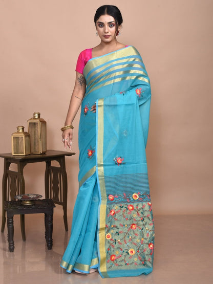 Mercerised Cotton Hand Embroidered Blue Saree | Verified Sustainable by Brown Living™