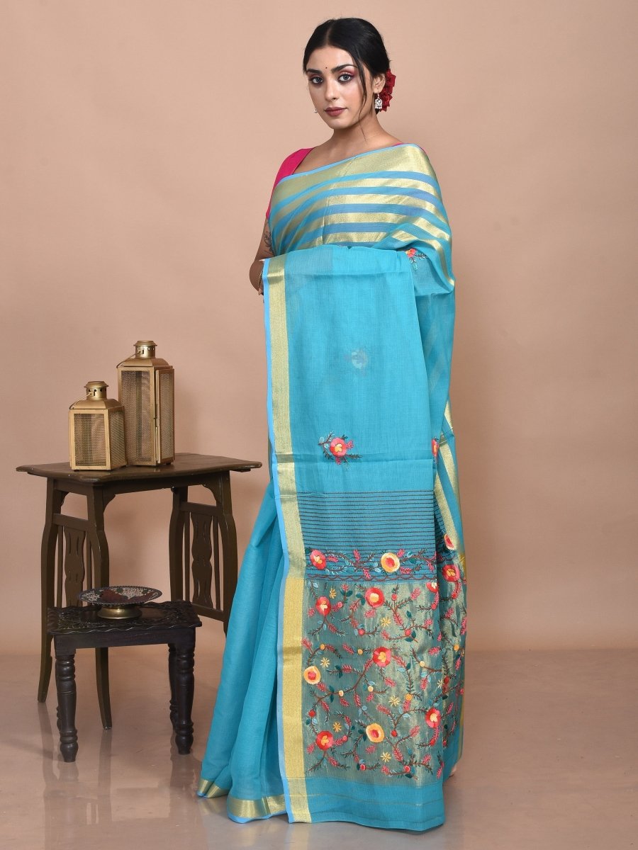 Mercerised Cotton Hand Embroidered Blue Saree | Verified Sustainable by Brown Living™