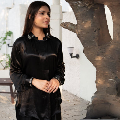 Midnight Real Silver Mashru Shirt | Verified Sustainable by Brown Living™