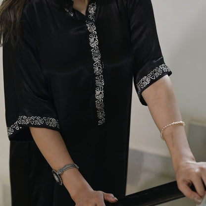 Midnight Real Silver Mashru Straight Dress | Verified Sustainable by Brown Living™