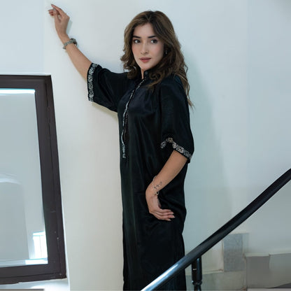 Midnight Real Silver Mashru Straight Dress | Verified Sustainable by Brown Living™