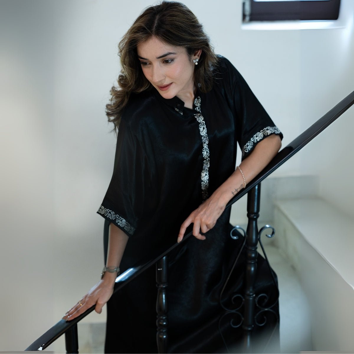 Midnight Real Silver Mashru Straight Dress | Verified Sustainable by Brown Living™