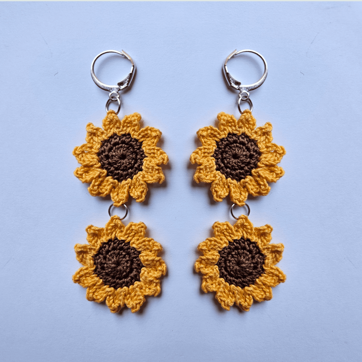 Minimal Sunflower Hand Crochet Earrings – Womens earrings by Wishing Treasure available on Brown Living™. . SKU: WTESUNF1. Img 2.