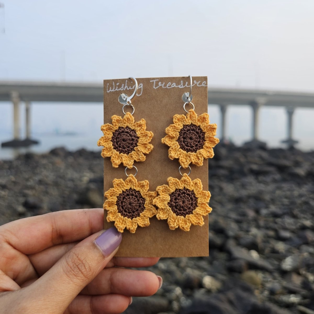 Minimal Sunflower Hand Crochet Earrings – Womens earrings by Wishing Treasure available on Brown Living™. . SKU: WTESUNF1. Img 1.