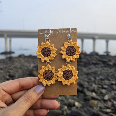Minimal Sunflower Hand Crochet Earrings – Womens Earrings on Brown Living™. SKU: WTESUNF1. Img 1.