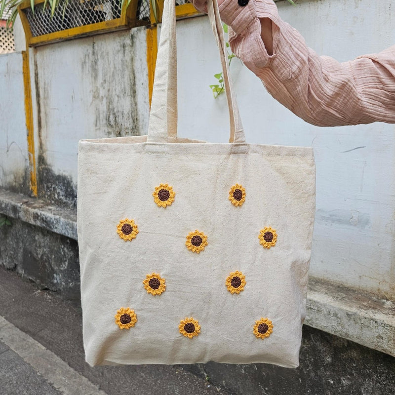 Minimal Sunflower Hand Crochet Tote Bags For Women | Verified Sustainable by Brown Living™