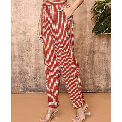 Mira Red Bagru Hand Printed Cotton Pants | Verified Sustainable by Brown Living™