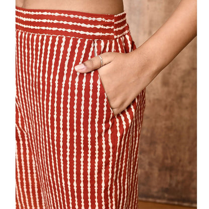 Mira Red Bagru Hand Printed Cotton Pants | Verified Sustainable by Brown Living™