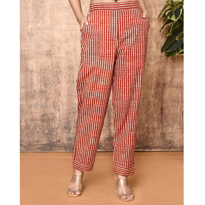 Mira Red Bagru Hand Printed Cotton Pants | Verified Sustainable by Brown Living™