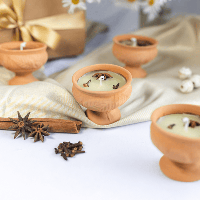 Teracotta / Mitti Bowl Candles in Fresh Jasmine Fragrance - Set of 4 – Candles & Fragrances on Brown Living™. SKU: SN2544. Img 1.