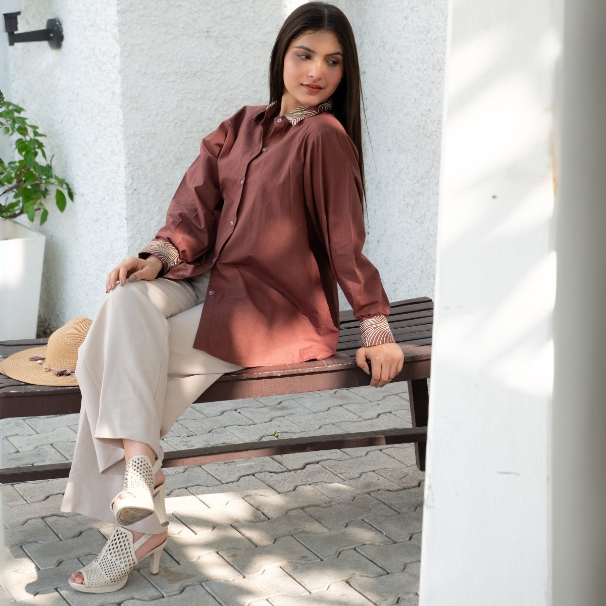 Mocha Wave Handpainted Oversized Cotton Shirt | Verified Sustainable by Brown Living™