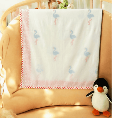 Muslin Dohar Blanket – 3D Handblock – Flamingo Print – 40x60 inches – Bedding on Brown Living™. SKU: DO3DFLAMING4060. Img 6.