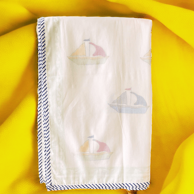 Muslin Kids Blanket – 3D Handblock Boat Print – 40x60 – All - Season – Bedding on Brown Living™. SKU: DO3DBOAT4060. Img 2.