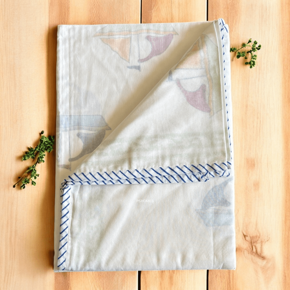 Muslin Kids Blanket – 3D Handblock Boat Print – 40x60 – All - Season | Verified Sustainable by Brown Living™