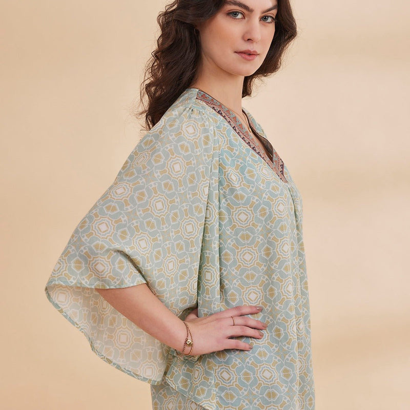 Nadia - Blue Organic Bamboo Printed Kaftan Top | Verified Sustainable by Brown Living™