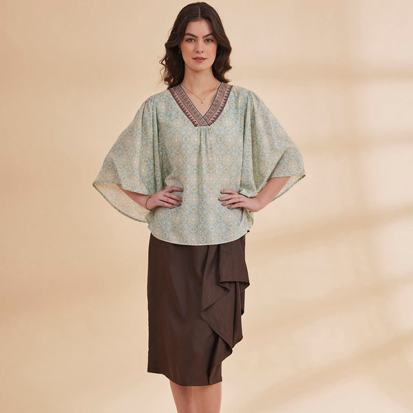 Nadia - Blue Organic Bamboo Printed Kaftan Top | Verified Sustainable by Brown Living™