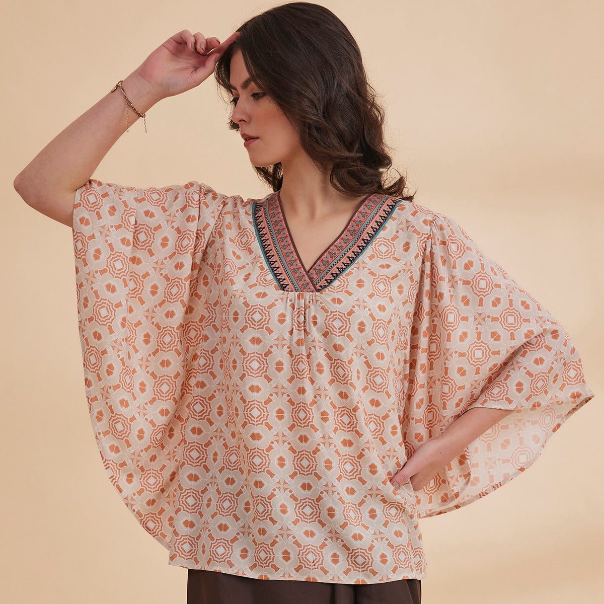 Nadia - Peach Organic Bamboo Printed Kaftan Top | Verified Sustainable by Brown Living™