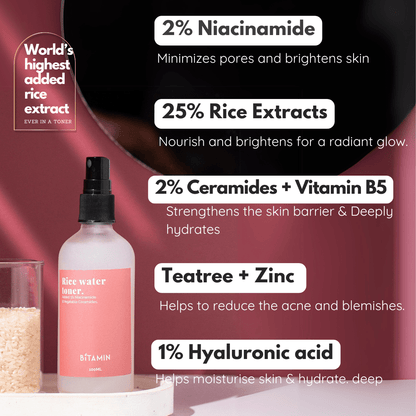 Niacinamide & Rice Water Toner with Ceramides & Licorice Extract | 25% Rice Extract | 100ml | Verified Sustainable by Brown Living™