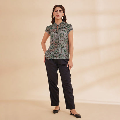 Norah - Green Printed Satin Chiffon Top | Verified Sustainable by Brown Living™