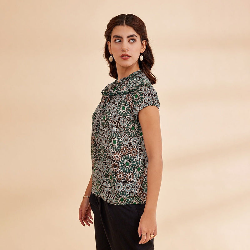 Norah - Green Printed Satin Chiffon Top | Verified Sustainable by Brown Living™