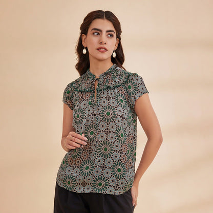 Norah - Green Printed Satin Chiffon Top | Verified Sustainable by Brown Living™