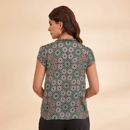 Norah - Green Printed Satin Chiffon Top | Verified Sustainable by Brown Living™