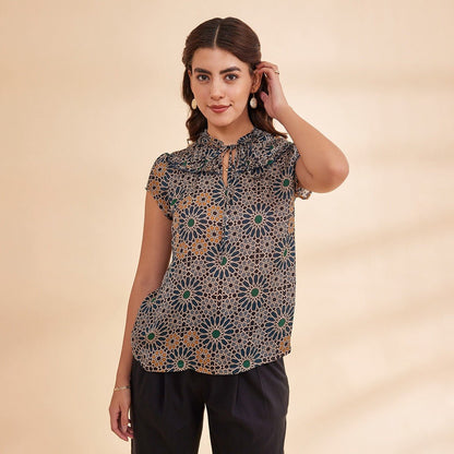 Norah - Navy Blue Printed Satin Chiffon Top | Verified Sustainable by Brown Living™