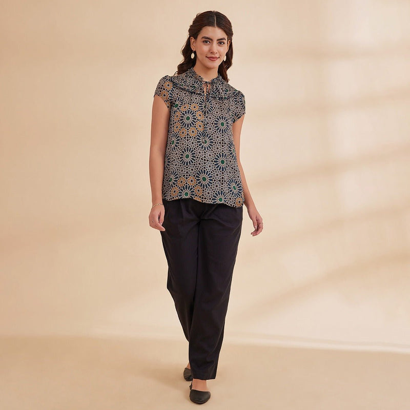 Norah - Navy Blue Printed Satin Chiffon Top | Verified Sustainable by Brown Living™