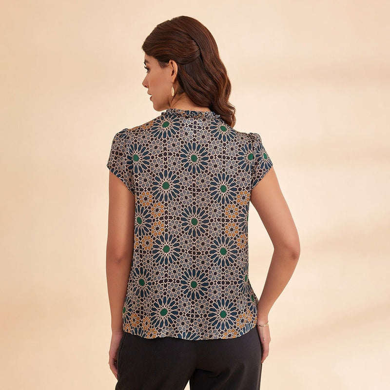 Norah - Navy Blue Printed Satin Chiffon Top | Verified Sustainable by Brown Living™