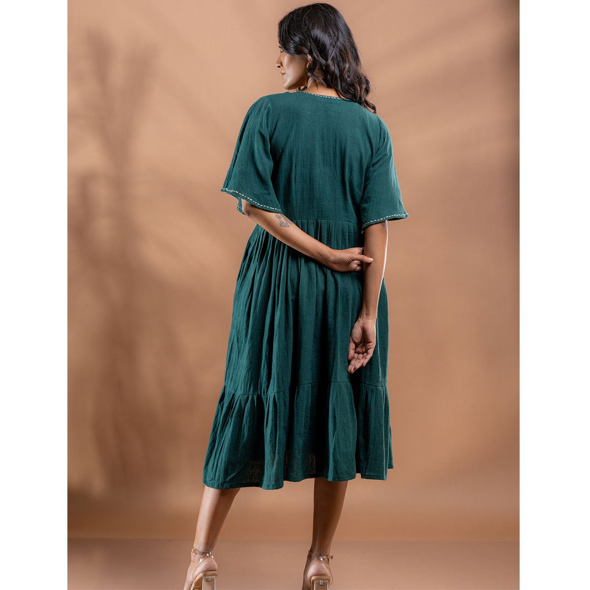 Ocean Fern Kantha Tiered Kala Cotton Dress | Verified Sustainable by Brown Living™