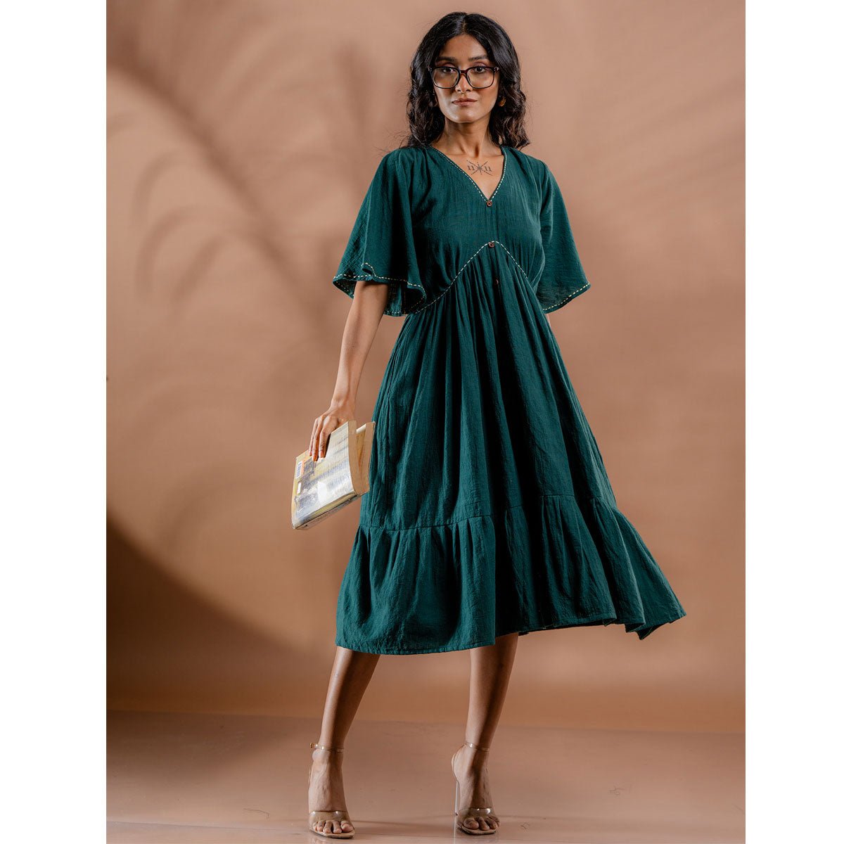 Ocean Fern Kantha Tiered Kala Cotton Dress | Verified Sustainable by Brown Living™