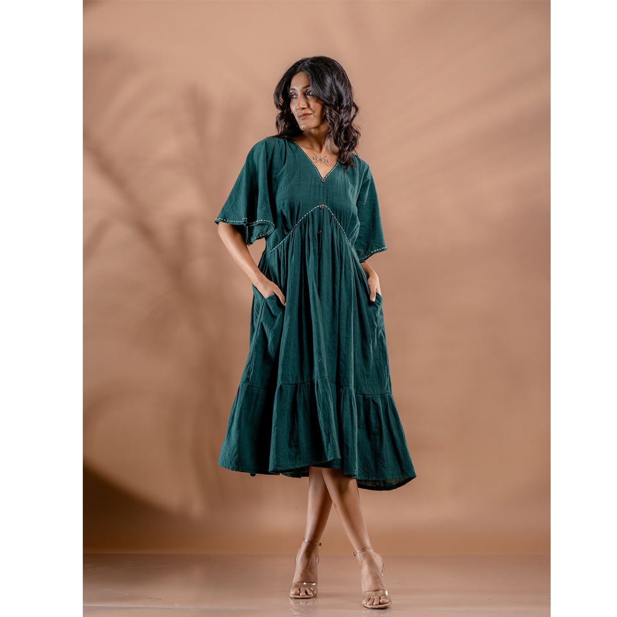 Ocean Fern Kantha Tiered Kala Cotton Dress | Verified Sustainable by Brown Living™