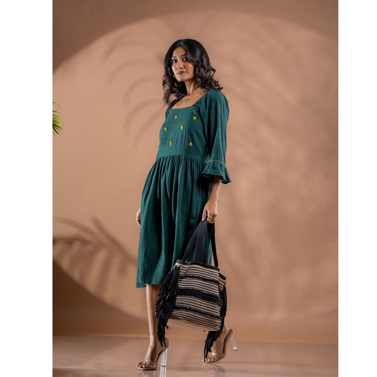 Ocean Meadow Embroidered Kala Cotton Gathered Dress | Verified Sustainable by Brown Living™