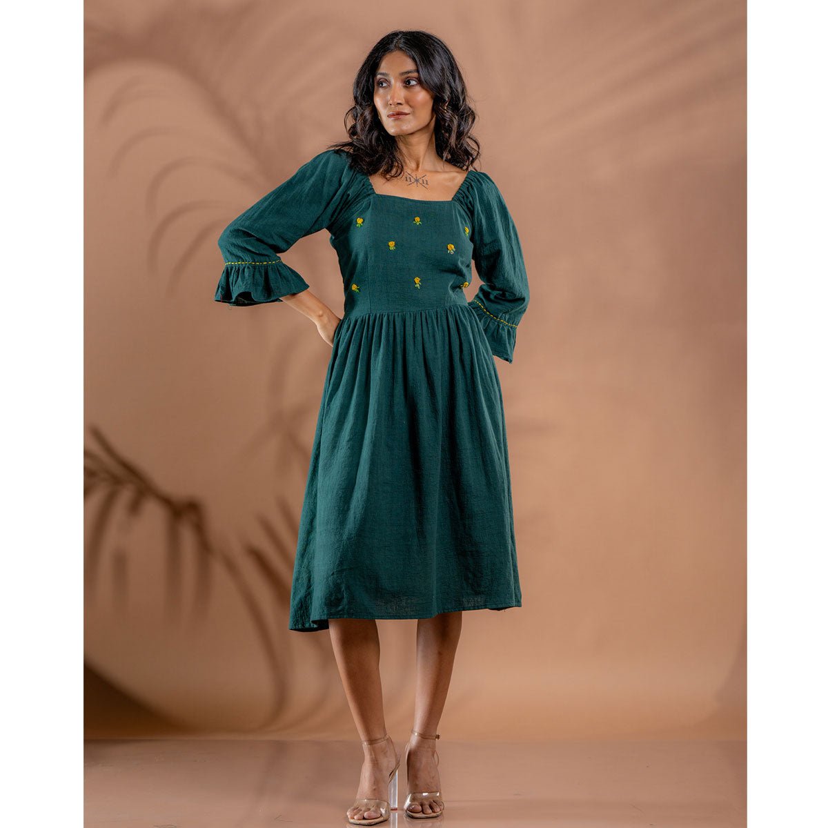 Ocean Meadow Embroidered Kala Cotton Gathered Dress | Verified Sustainable by Brown Living™