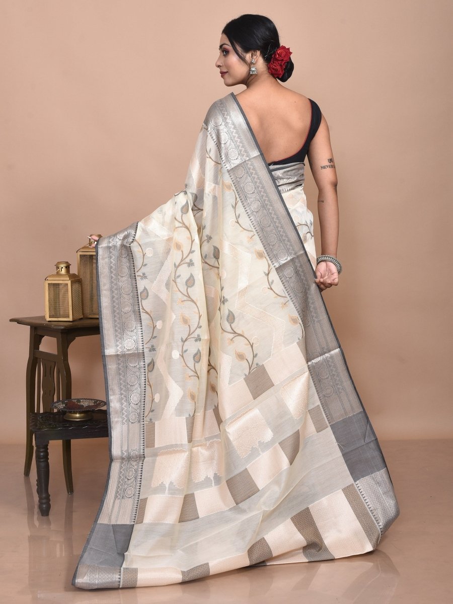 Off - White Banaras Cotton Saree | Verified Sustainable by Brown Living™