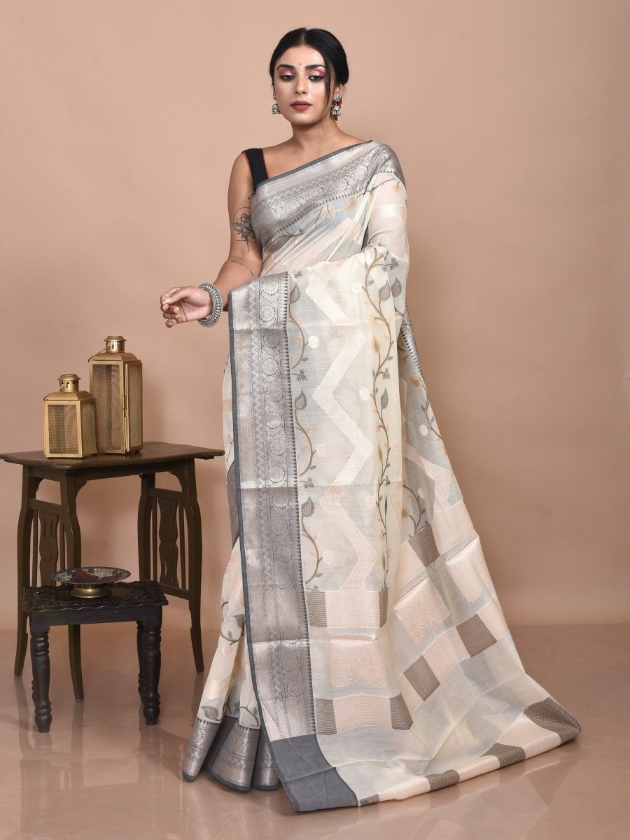 Off - White Banaras Cotton Saree | Verified Sustainable by Brown Living™