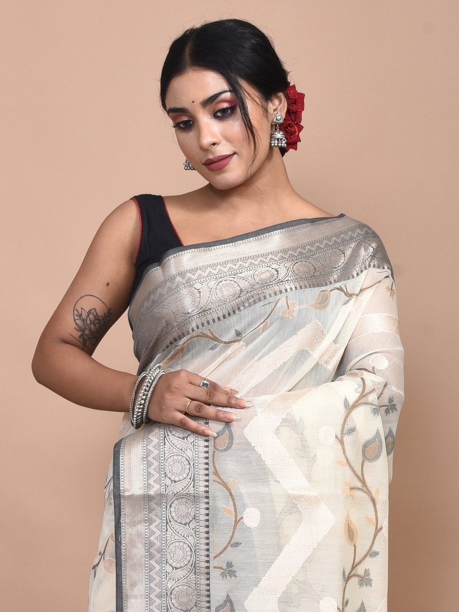 Off - White Banaras Cotton Saree | Verified Sustainable by Brown Living™