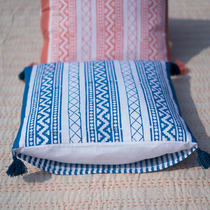Organic Cotton Blue Victory Stripes Cushion Cover With Pom Poms | Verified Sustainable by Brown Living™