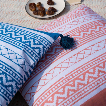 Organic Cotton Peach Victory Stripes Cushion Cover With Pom Poms | Verified Sustainable by Brown Living™