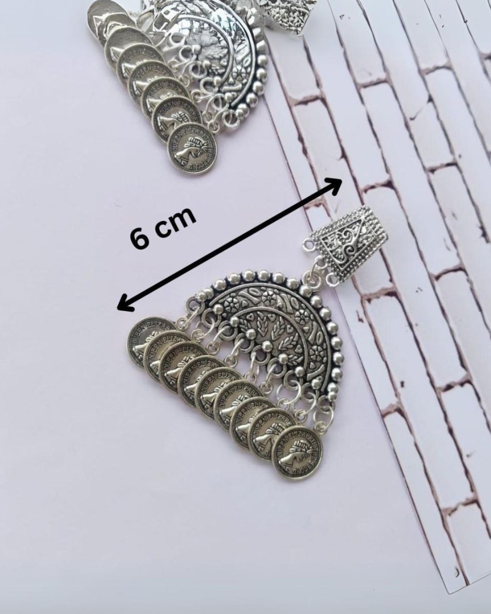 Oxidised Silver Coin Statement Earrings – Womens earrings by The serene by Rainvas available on Brown Living™. . SKU: RVS - SER - EAR - 102. Img 5.