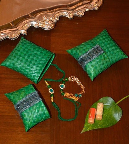 Palm Leaf Gift & Utility Pouch (Set of 2) – Baskets & Boxes by DHARINI available on Brown Living™. Turquoise . SKU: PLGPOU003B. Img 4.