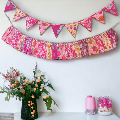 Party Pink Streamer Combo - Pink Banner Bunting + Pink Fringe Streamer Garland (Pack of 2) – Wall Decor on Brown Living™. SKU: UMW - COMBO - BUNT - Pink - 01. Img 2.